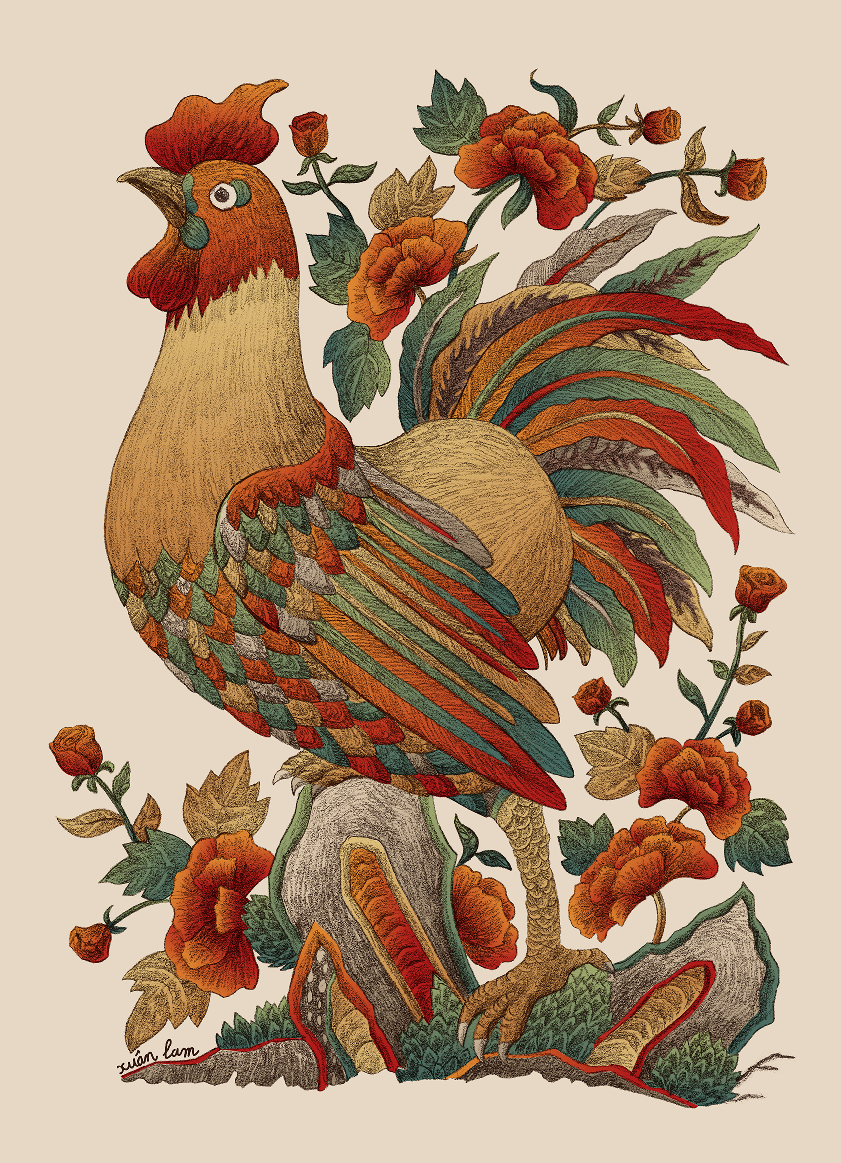 rgb_creative_triển_lãm_dân_gian_xuân_lam_Gà_và_hoa_hồng