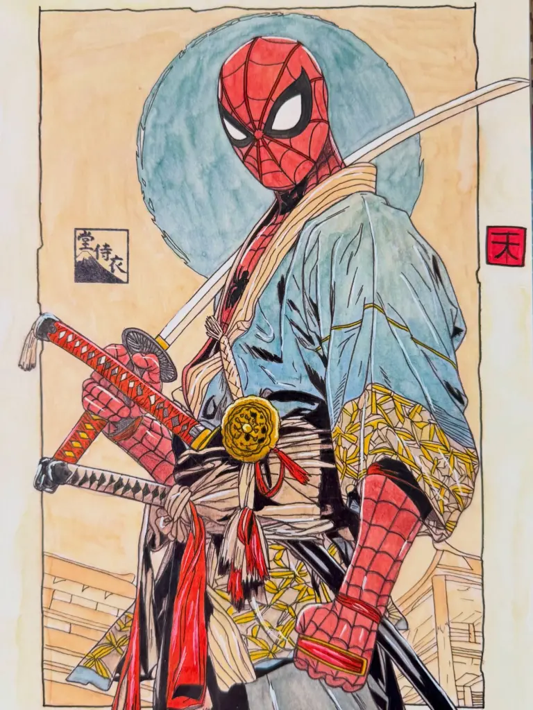 Spider-Man phiên bản Nhật Bản thời Edo, được artist Drawzee tái hiện theo phong cách nghệ thuật Ukiyo-e