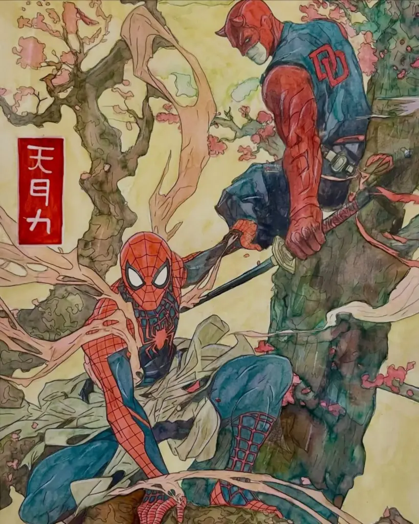 Spider-Man phiên bản Nhật Bản thời Edo, được artist Drawzee tái hiện theo phong cách nghệ thuật Ukiyo-e