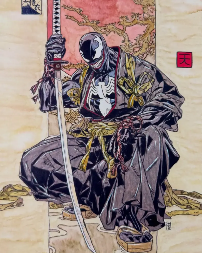 Spider-Man phiên bản Nhật Bản thời Edo, được artist Drawzee tái hiện theo phong cách nghệ thuật Ukiyo-e