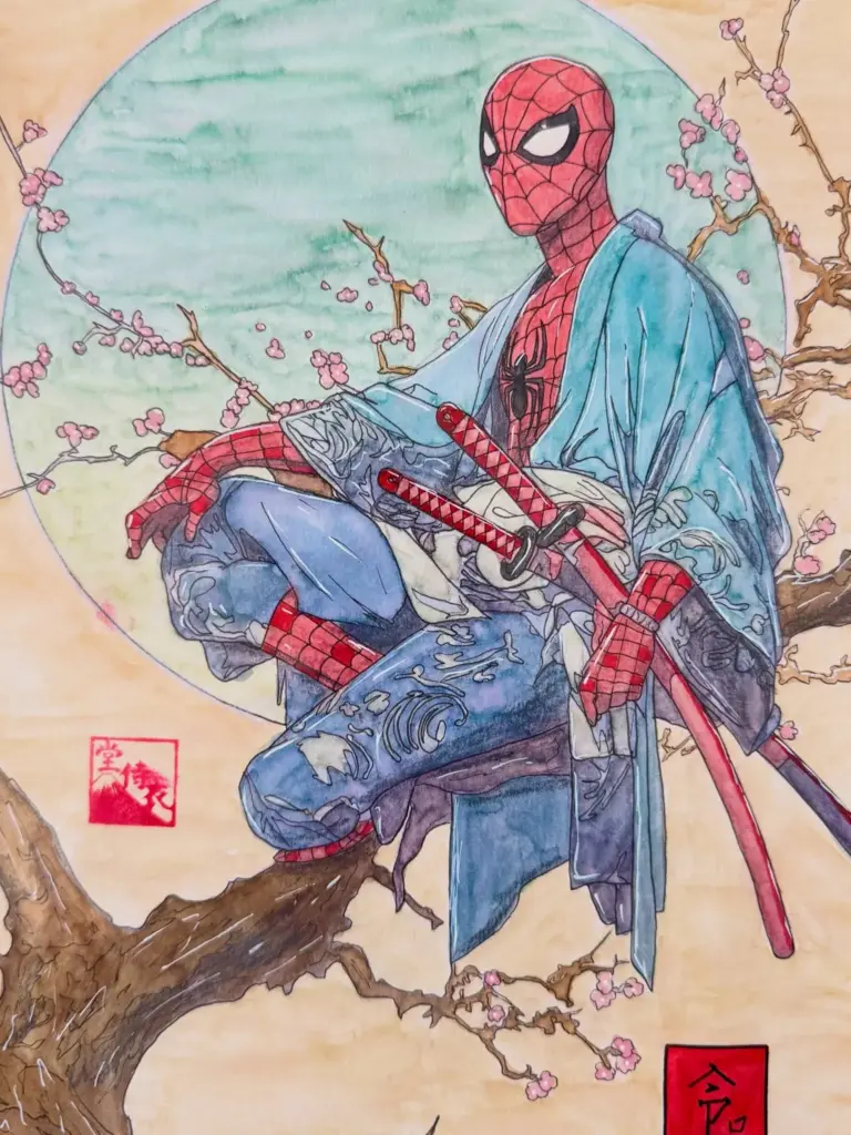Spider-Man phiên bản Nhật Bản thời Edo, được artist Drawzee tái hiện theo phong cách nghệ thuật Ukiyo-e