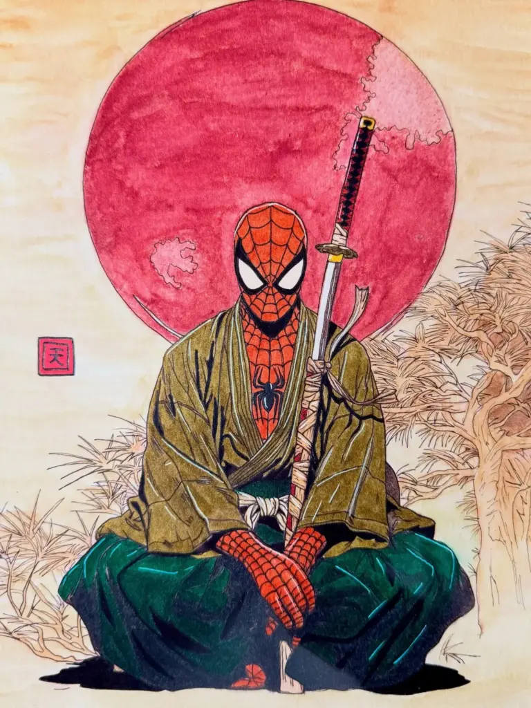 Spider-Man phiên bản Nhật Bản thời Edo, được artist Drawzee tái hiện theo phong cách nghệ thuật Ukiyo-e