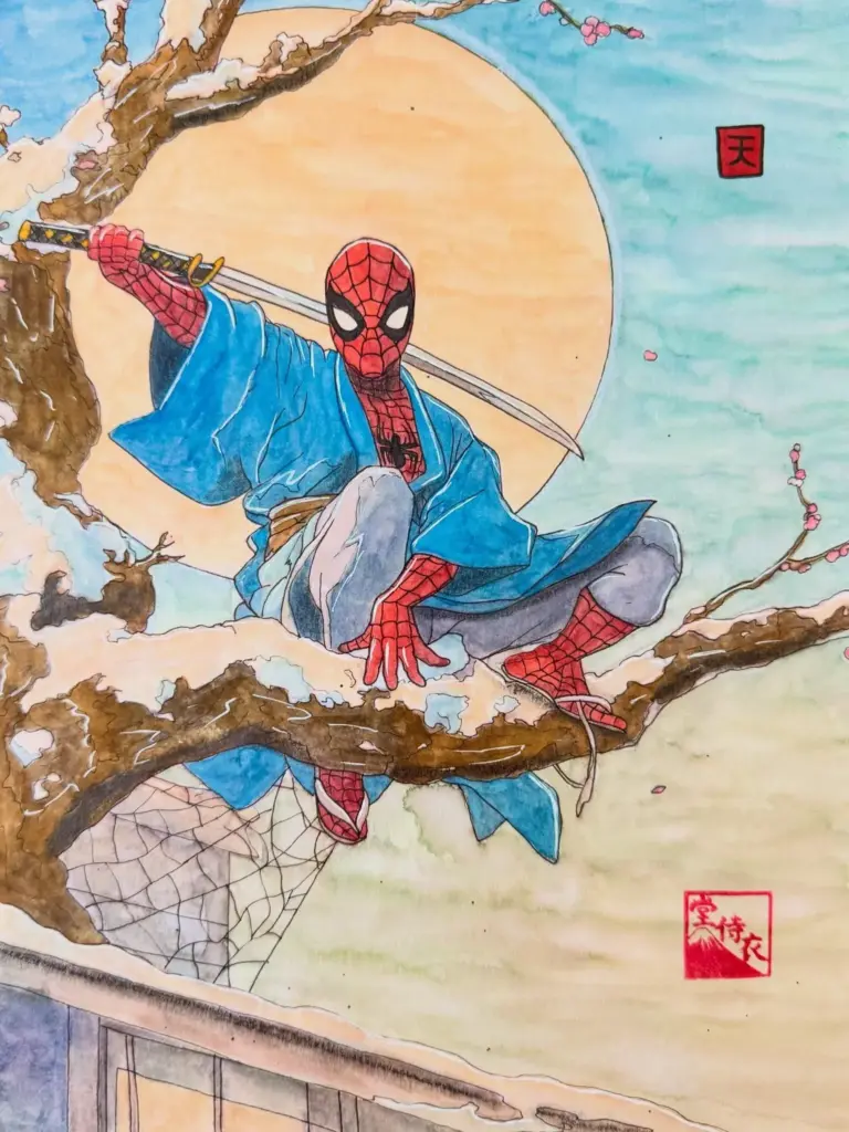 Spider-Man phiên bản Nhật Bản thời Edo, được artist Drawzee tái hiện theo phong cách nghệ thuật Ukiyo-e