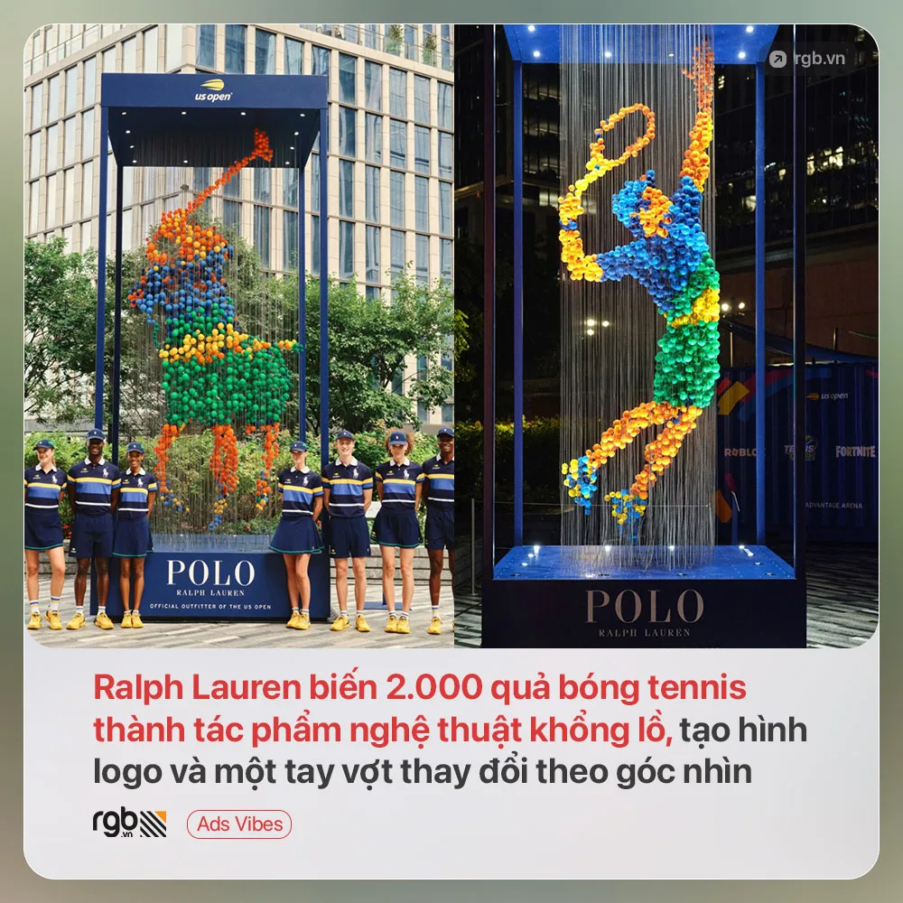 Polo Ralph Lauren tạo hình logo và tay vợt khổng lồ từ 2.000 quả bóng tennis, hình ảnh thay đổi theo góc nhìn